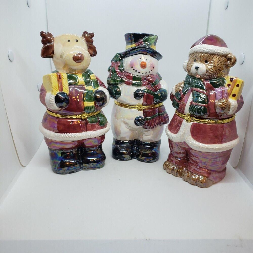 Vintage Christmas Ceramic Trinket Jars Set Snowman Teddy Bear Moose Candy Dish